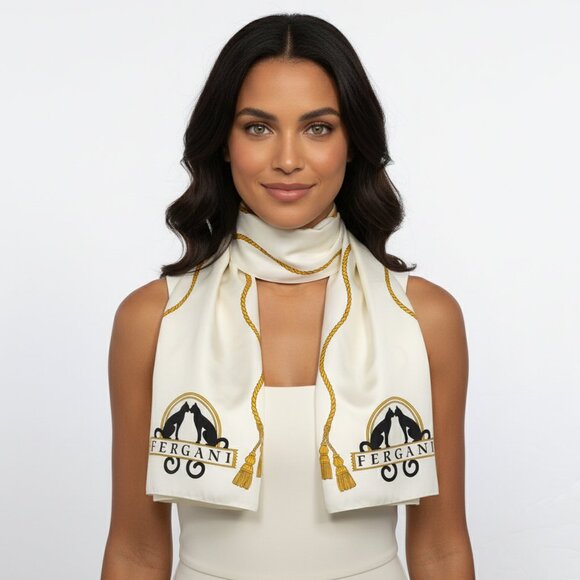 Vintage FERGANI Emanuel Geraldo Long Cat Poly Scarf Cream Black Gold Italy - Picture 1 of 12